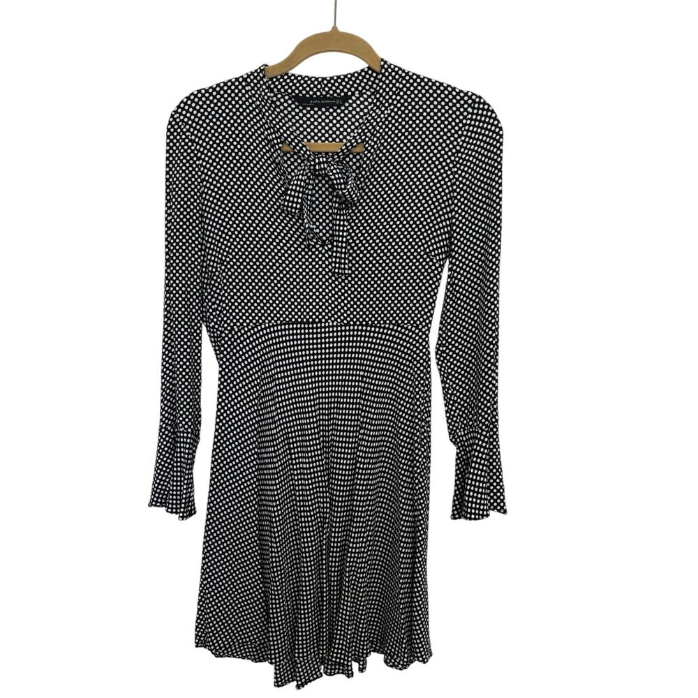 Zara Black White Polka Dot Bell Sleeve Mini Dress Tie Neck M Preppy LBD Cocktail